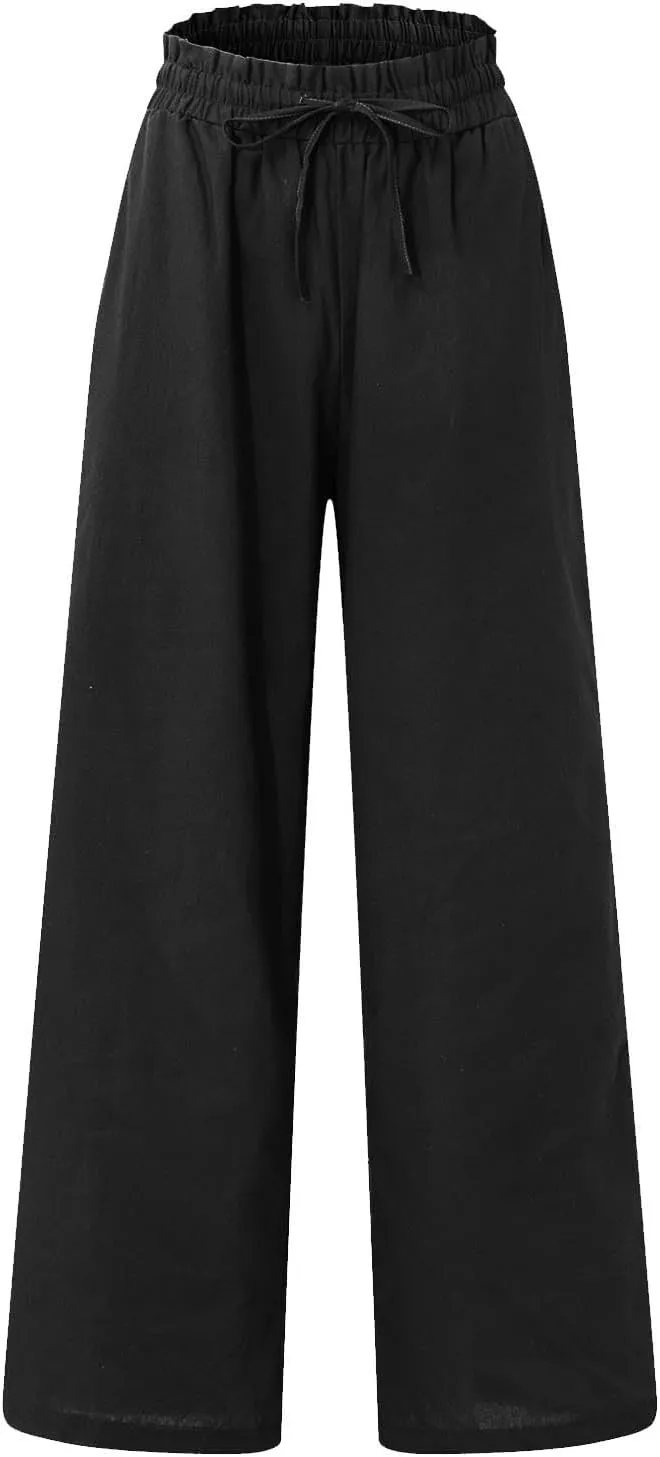 Cropped Wide Leg Linen Pants for Women Drawstring Elastic Waist Paperbag Pants Casual Loose Summer Beach Trousers