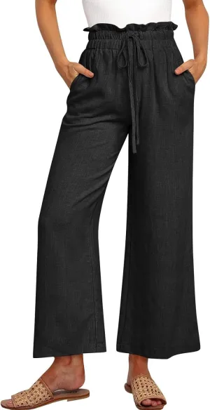 Cropped Wide Leg Linen Pants for Women Drawstring Elastic Waist Paperbag Pants Casual Loose Summer Beach Trousers