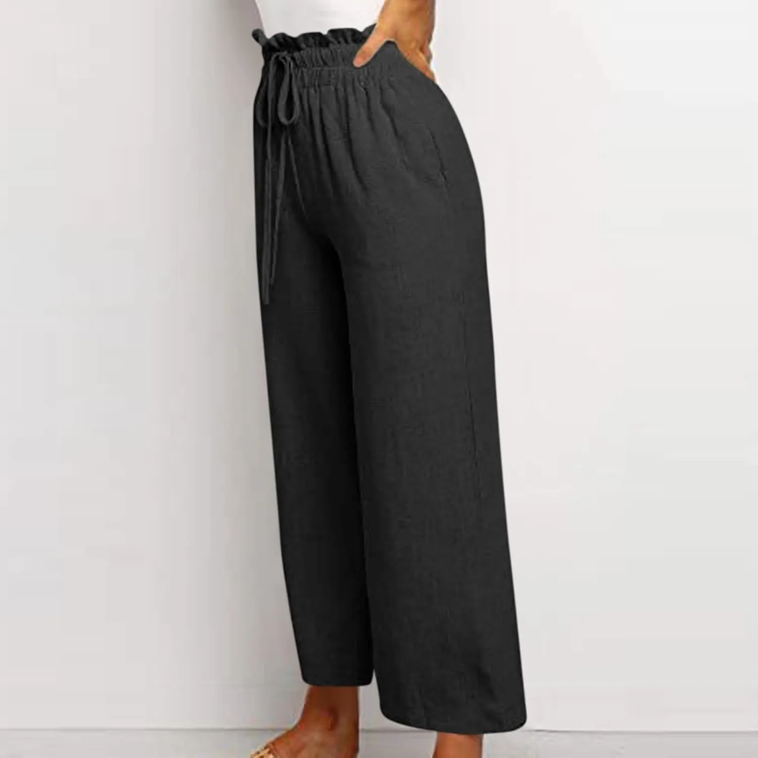 Cropped Wide Leg Linen Pants for Women Drawstring Elastic Waist Paperbag Pants Casual Loose Summer Beach Trousers