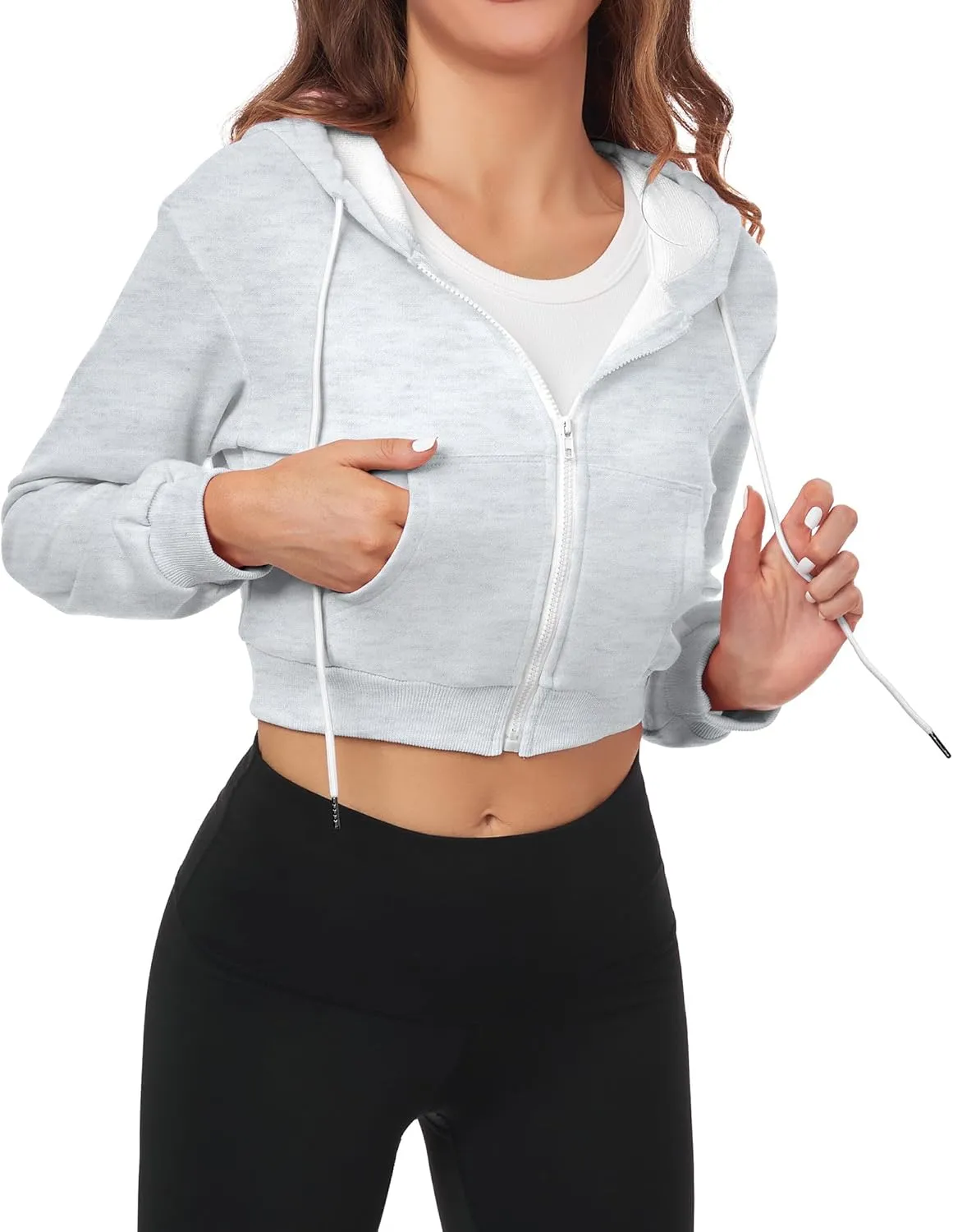 Cropped Zip Up Hoodie Women Jacket Top Sweatshirt Casual Basic Gym Workout Sport