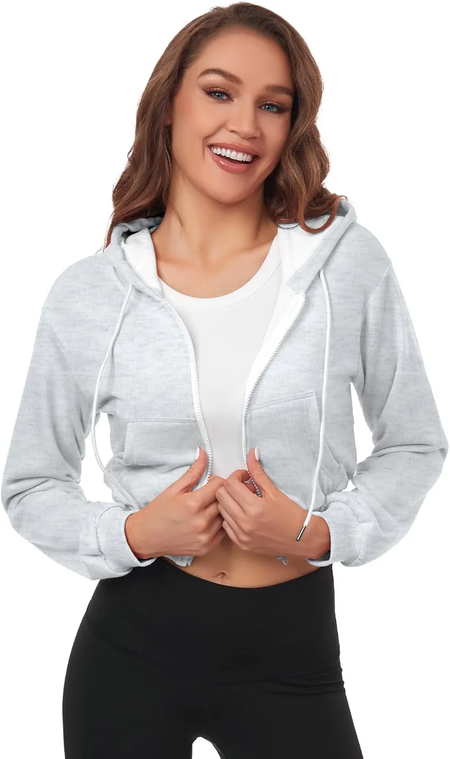 Cropped Zip Up Hoodie Women Jacket Top Sweatshirt Casual Basic Gym Workout Sport