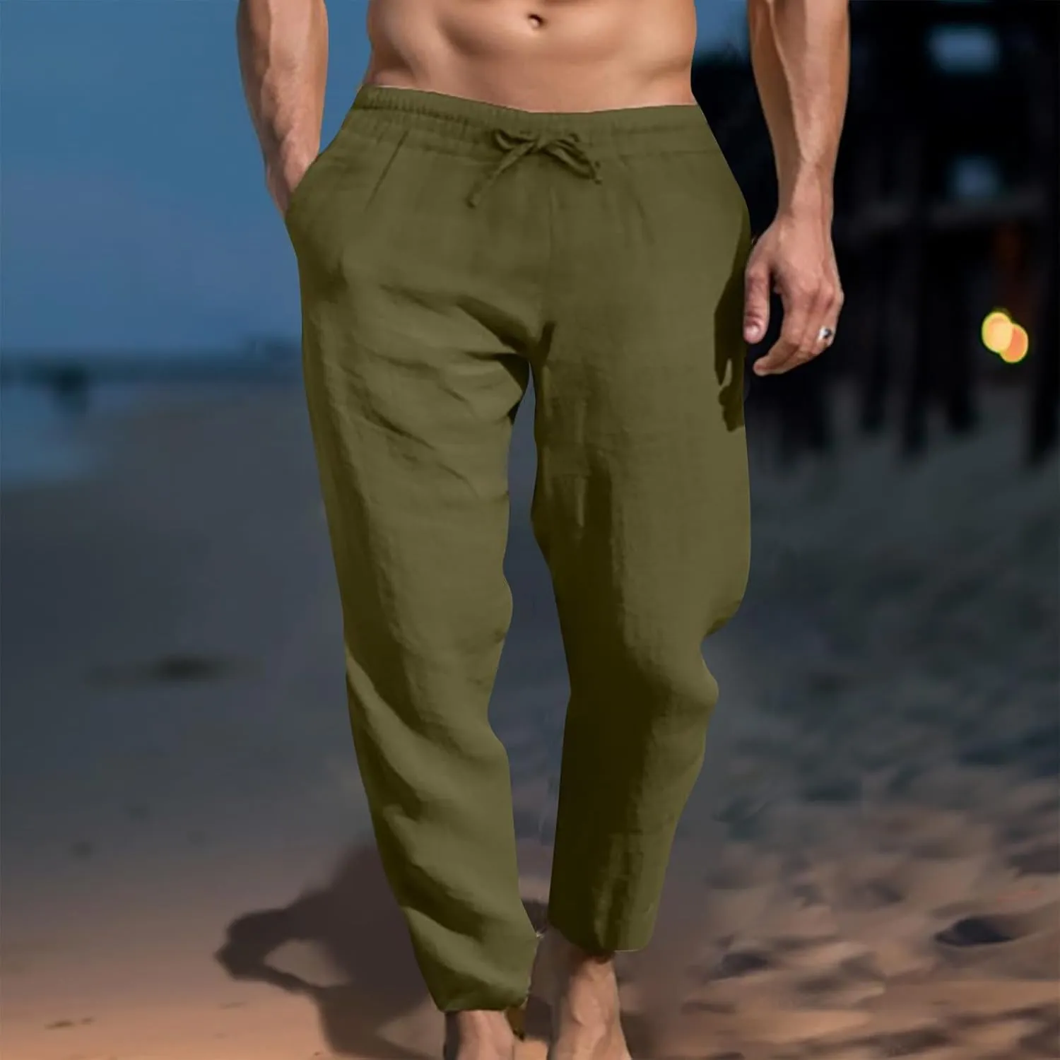 Ctreela Men's Summer Linen Pants Casual Lightweight Drawstring Elastic Waist Beach Pants Straight Leg Breathable Yoga Pants