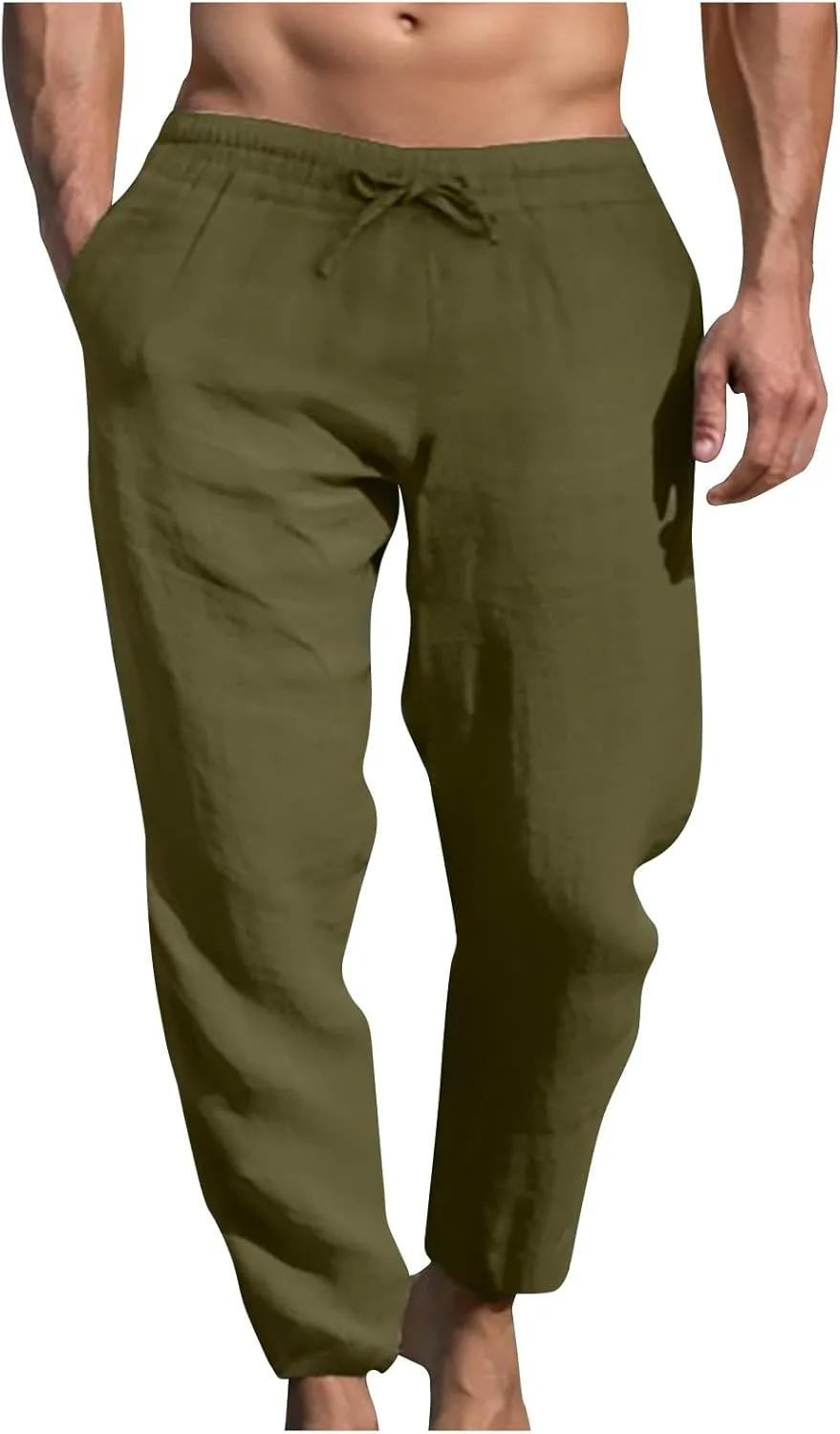 Ctreela Men's Summer Linen Pants Casual Lightweight Drawstring Elastic Waist Beach Pants Straight Leg Breathable Yoga Pants