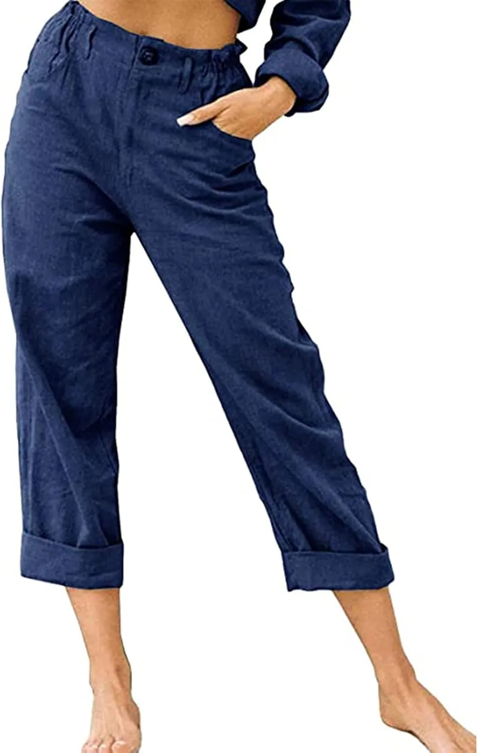 DASAYO Women Button Cotton Linen Capris Trousers Casual Beach Crop Straight Capri Pant Elastic Waist Summer Cropped Pants