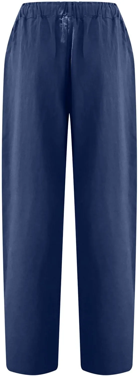 DASAYO Women Button Cotton Linen Capris Trousers Casual Beach Crop Straight Capri Pant Elastic Waist Summer Cropped Pants