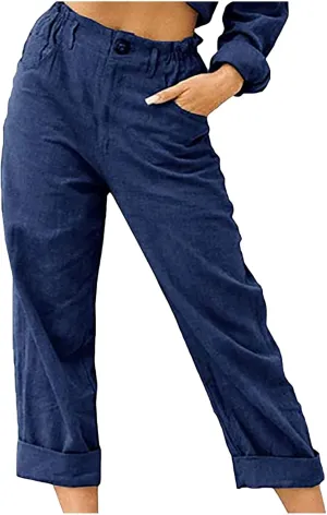 DASAYO Women Button Cotton Linen Capris Trousers Casual Beach Crop Straight Capri Pant Elastic Waist Summer Cropped Pants