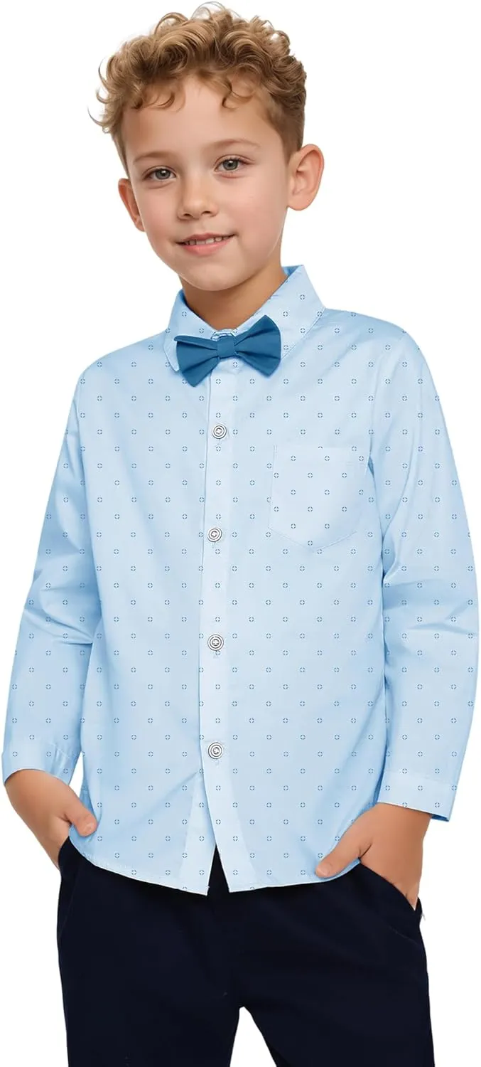 DISAUR Boys Dress Shirts Toddler Boy Button Down Shirt Long Sleeve Removable Bow Tie Button Up Shirt White Formal Graduation