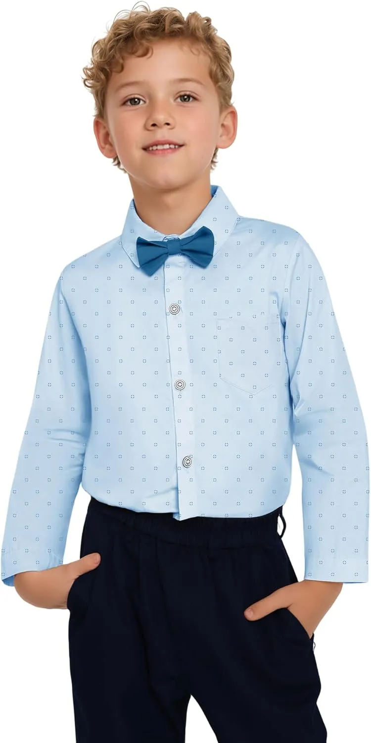 DISAUR Boys Dress Shirts Toddler Boy Button Down Shirt Long Sleeve Removable Bow Tie Button Up Shirt White Formal Graduation