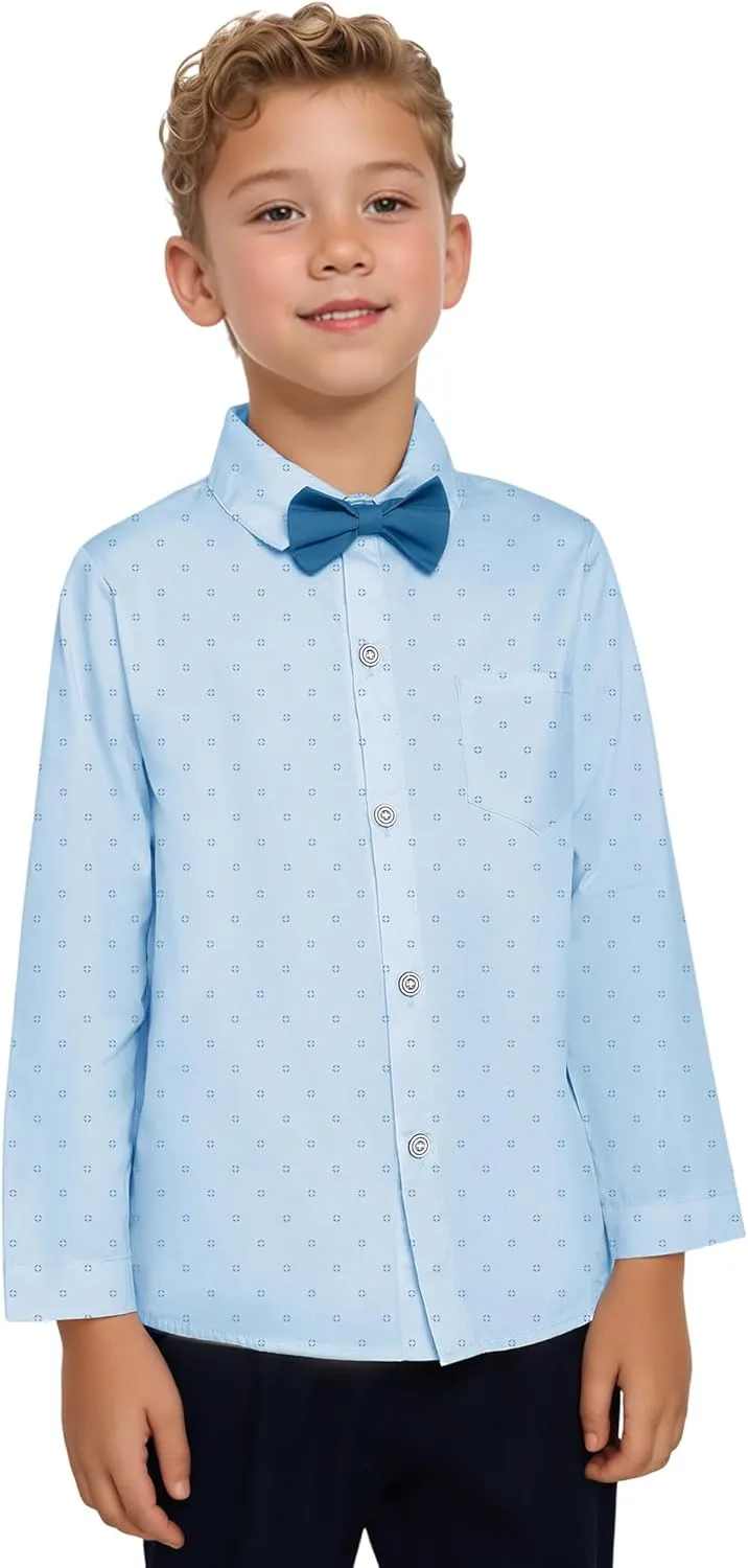 DISAUR Boys Dress Shirts Toddler Boy Button Down Shirt Long Sleeve Removable Bow Tie Button Up Shirt White Formal Graduation