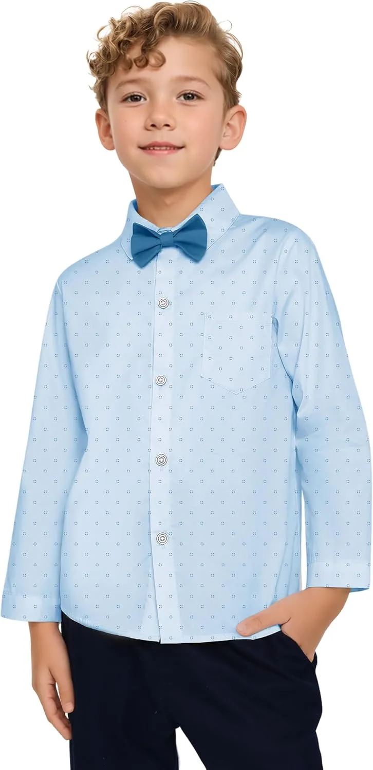 DISAUR Boys Dress Shirts Toddler Boy Button Down Shirt Long Sleeve Removable Bow Tie Button Up Shirt White Formal Graduation