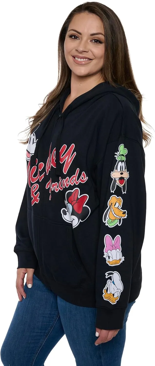 Disney Mickey Mouse Women's Zip Hoodie w/Pockets, Black Fleece Sweatshirt, Daisy, Goofy, Donald, Pluto, Regular & Plus Size