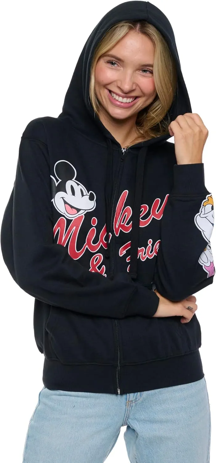 Disney Mickey Mouse Women's Zip Hoodie w/Pockets, Black Fleece Sweatshirt, Daisy, Goofy, Donald, Pluto, Regular & Plus Size
