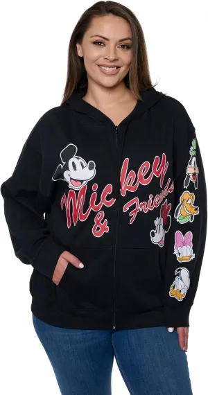 Disney Mickey Mouse Women's Zip Hoodie w/Pockets, Black Fleece Sweatshirt, Daisy, Goofy, Donald, Pluto, Regular & Plus Size