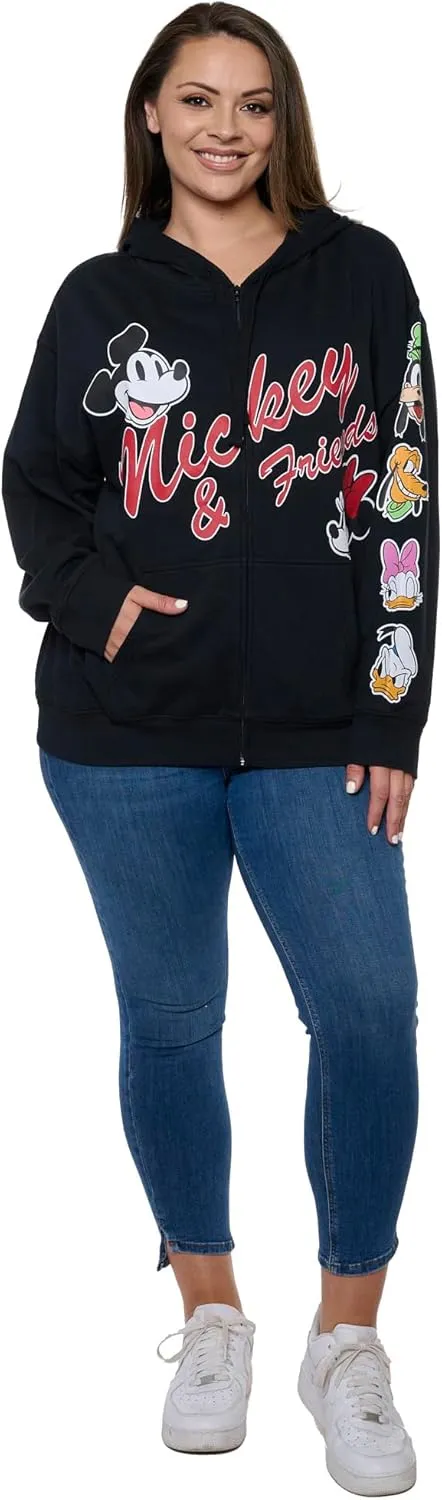 Disney Mickey Mouse Women's Zip Hoodie w/Pockets, Black Fleece Sweatshirt, Daisy, Goofy, Donald, Pluto, Regular & Plus Size