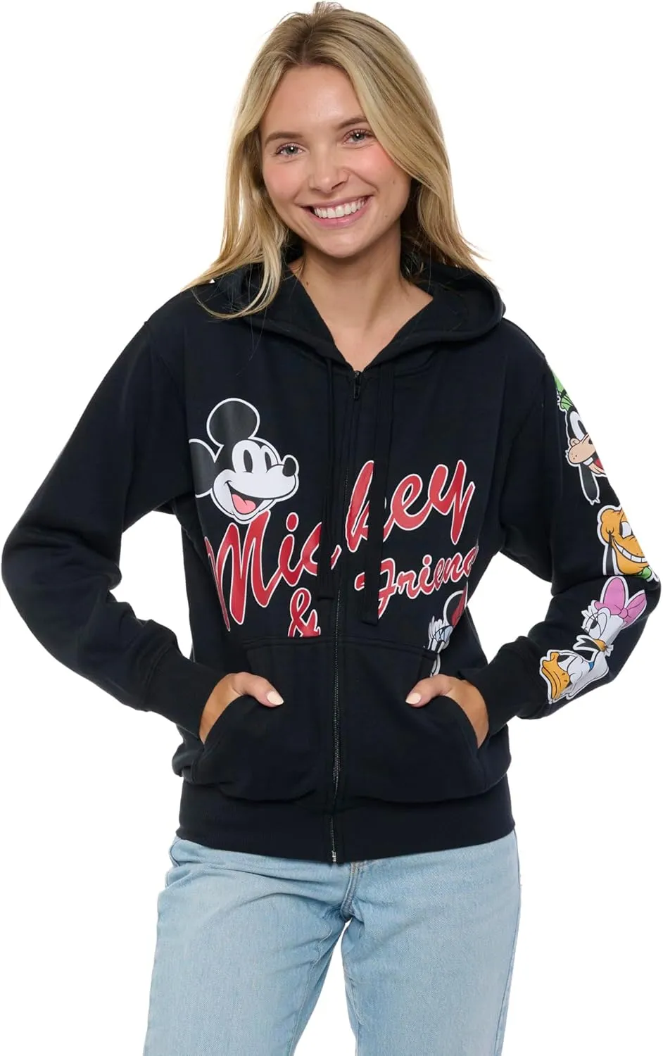 Disney Mickey Mouse Women's Zip Hoodie w/Pockets, Black Fleece Sweatshirt, Daisy, Goofy, Donald, Pluto, Regular & Plus Size