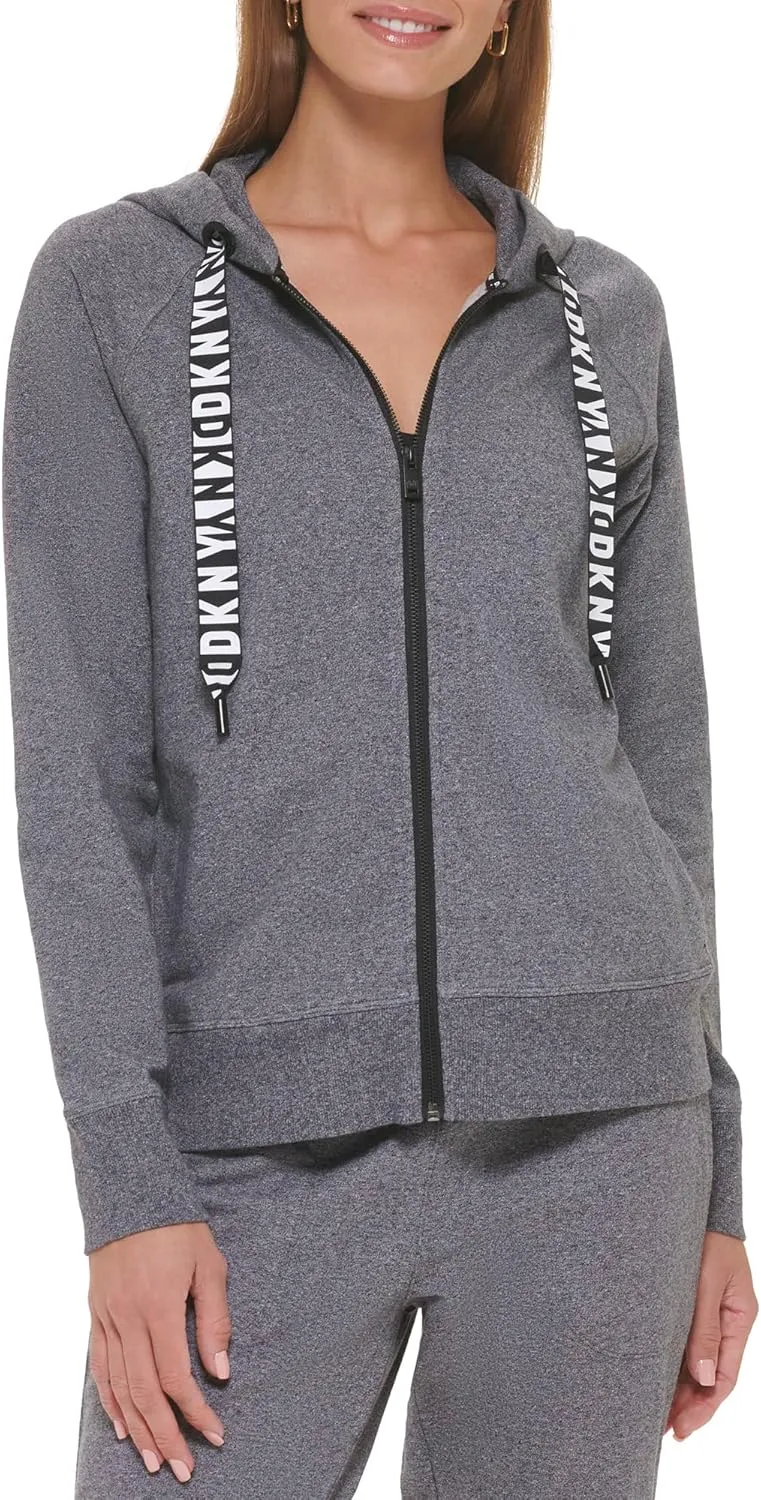 DKNY Women's Logo Drawstring Zip Up Hoodie, Activewear Sweatshirt