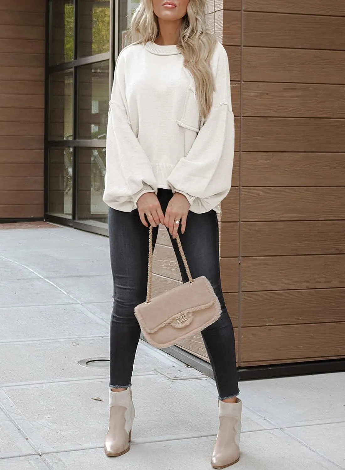 Dokotoo Women's Sweater 2024 Fall Winter Long Sleeve Casual Tops Ribbed Hem Knitwear Lantern Pullover Sweater