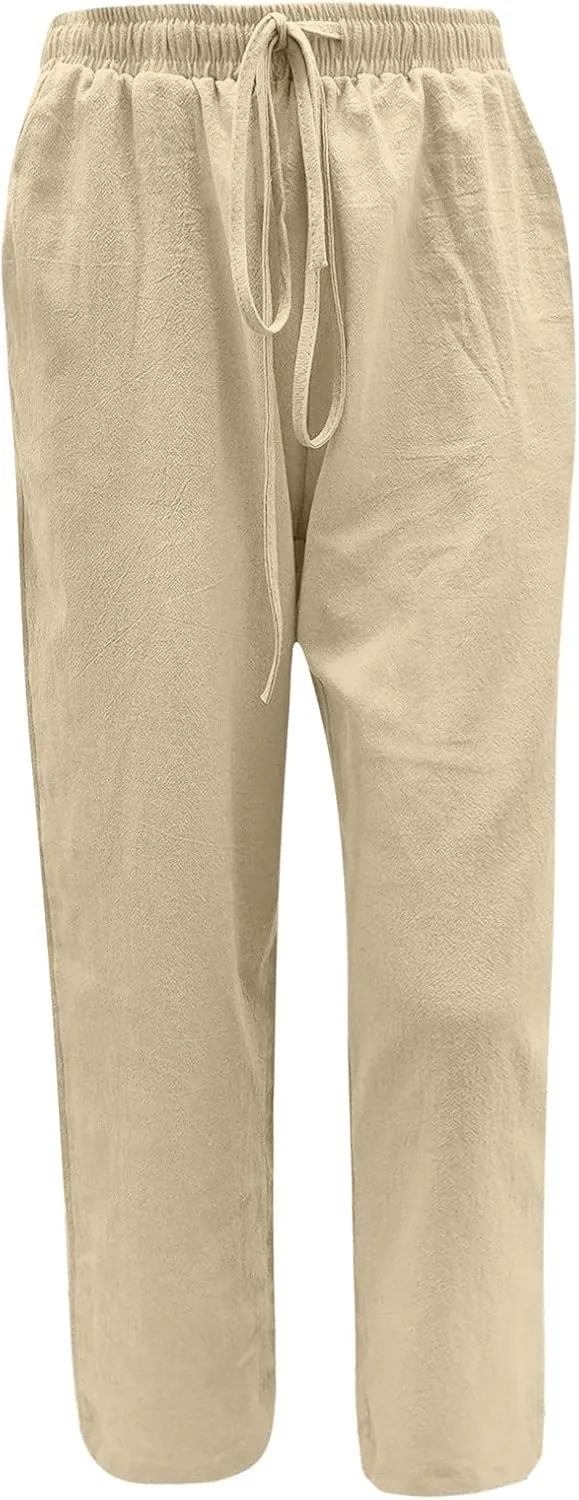 Drawstring Pants for Women Cotton Linen Lightweight Summer Wide Leg Pants Casual Loose Beach Trousers with Pockets
