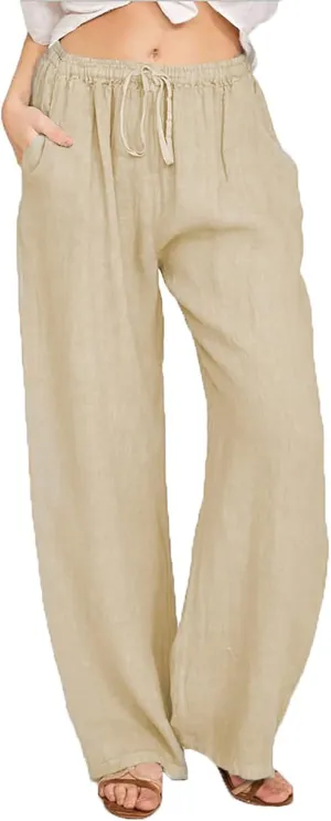Drawstring Pants for Women Cotton Linen Lightweight Summer Wide Leg Pants Casual Loose Beach Trousers with Pockets