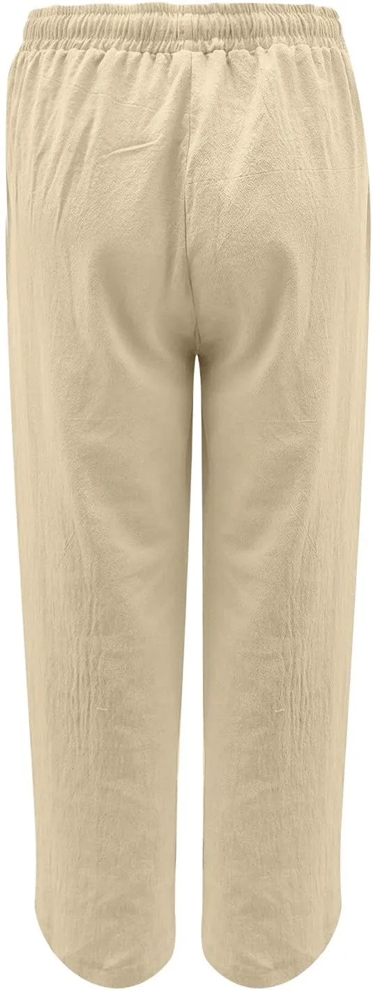 Drawstring Pants for Women Cotton Linen Lightweight Summer Wide Leg Pants Casual Loose Beach Trousers with Pockets