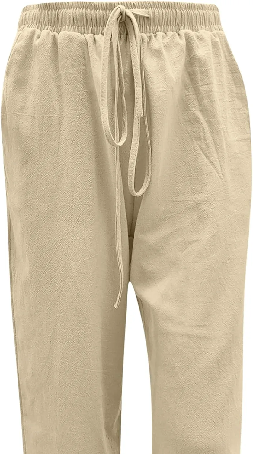 Drawstring Pants for Women Cotton Linen Lightweight Summer Wide Leg Pants Casual Loose Beach Trousers with Pockets