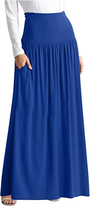 Dressy Casual Ankle Length Skirts for Women High Waist Pleated Maxi Skirt Elegant Business Work Skirt with Pocket