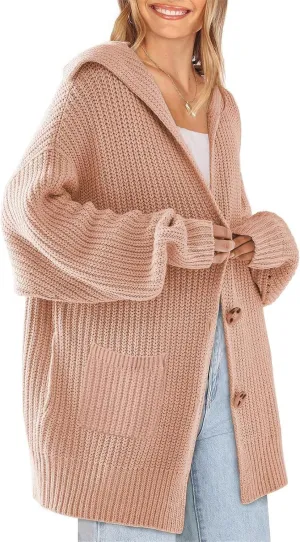 ebossy Women's Oversized Sailor Collar Button Cardigans Chunky Knit Long Sleeve Slouchy Sweaters Coat with Pockets