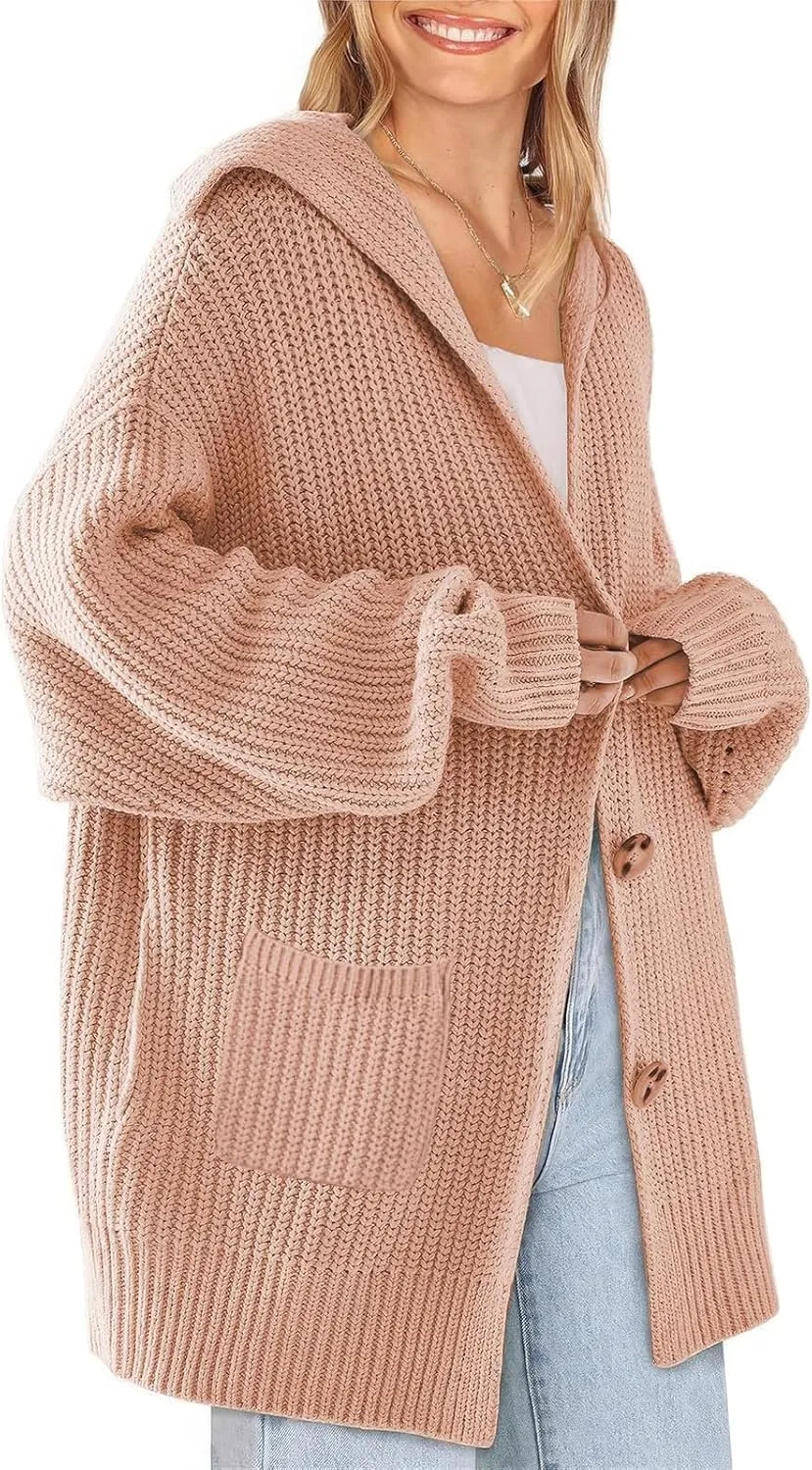 ebossy Women's Oversized Sailor Collar Button Cardigans Chunky Knit Long Sleeve Slouchy Sweaters Coat with Pockets