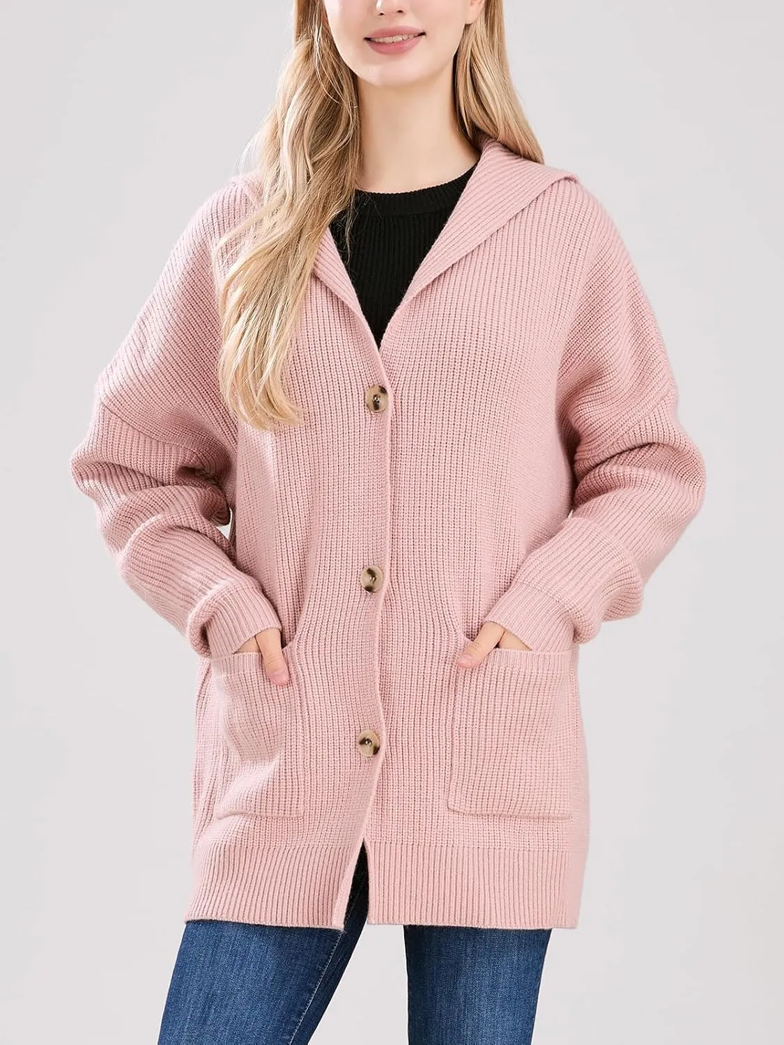 ebossy Women's Oversized Sailor Collar Button Cardigans Chunky Knit Long Sleeve Slouchy Sweaters Coat with Pockets