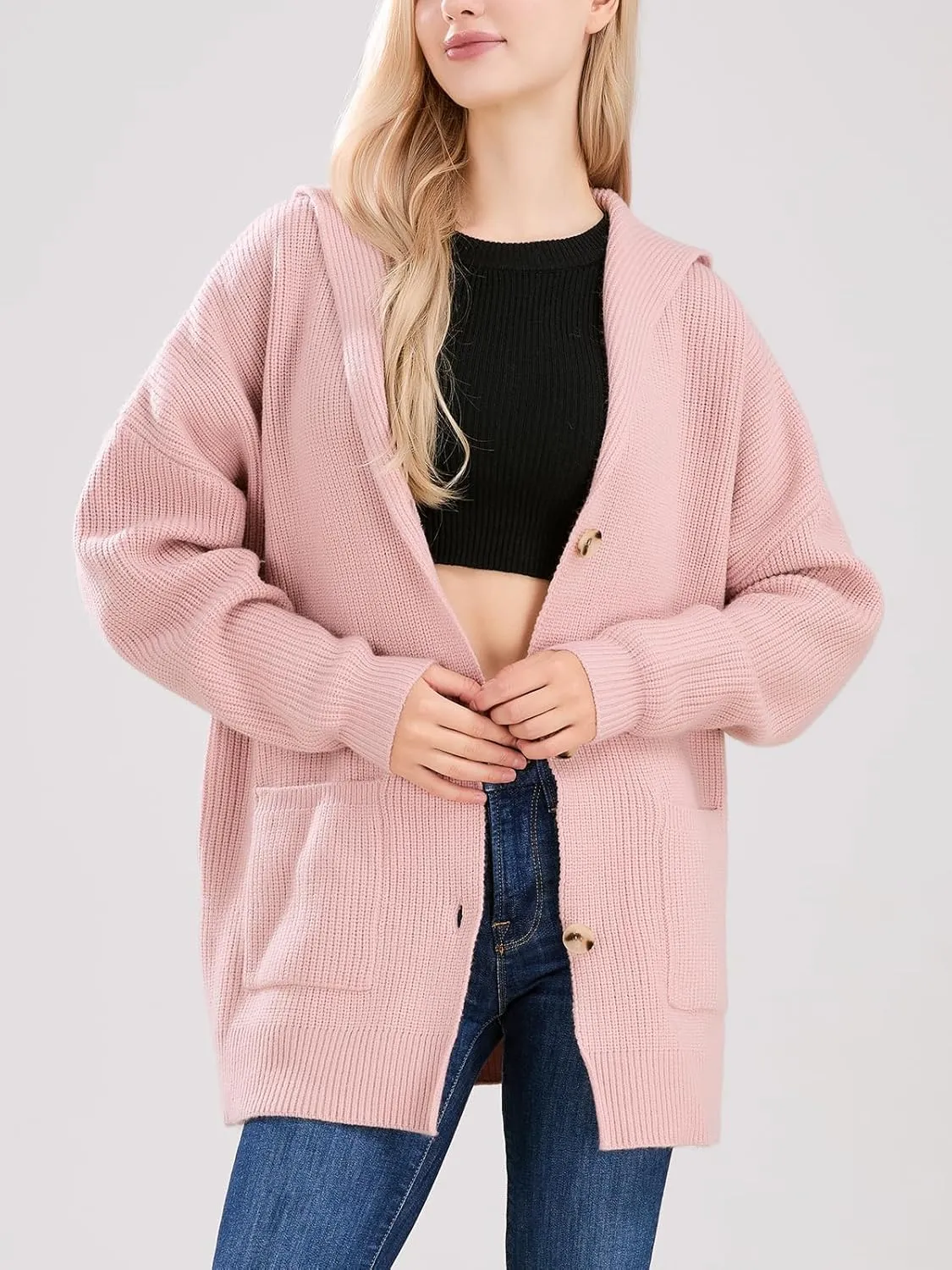 ebossy Women's Oversized Sailor Collar Button Cardigans Chunky Knit Long Sleeve Slouchy Sweaters Coat with Pockets