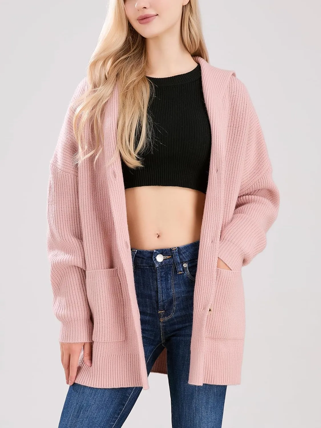 ebossy Women's Oversized Sailor Collar Button Cardigans Chunky Knit Long Sleeve Slouchy Sweaters Coat with Pockets