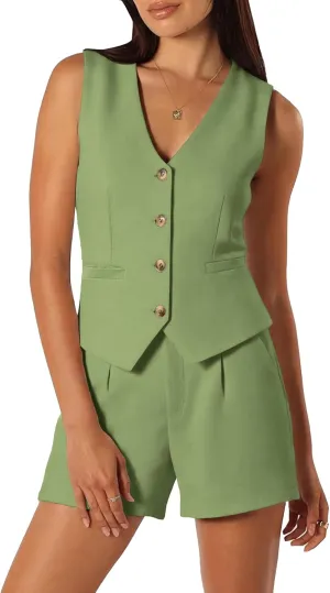 ELLEVEN Women's 2 Piece Summer Outfits Linen Lounge Matching Sleeveless V-Neck Vest and Shorts Sets 2025