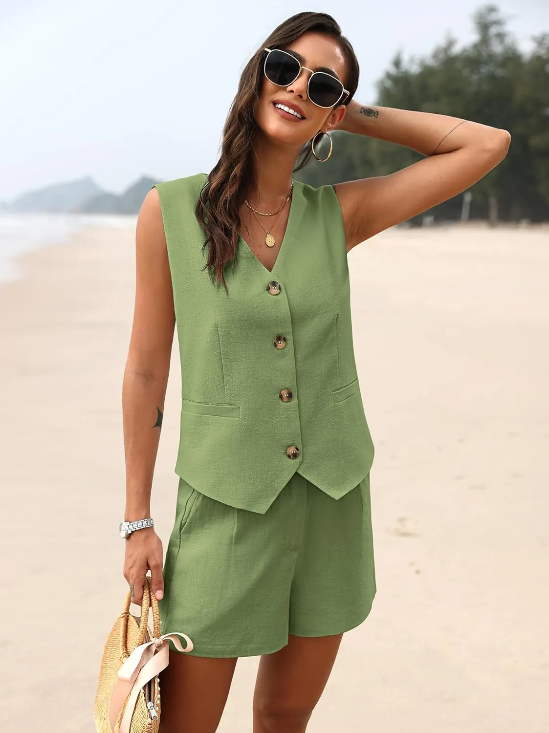 ELLEVEN Women's 2 Piece Summer Outfits Linen Lounge Matching Sleeveless V-Neck Vest and Shorts Sets 2025