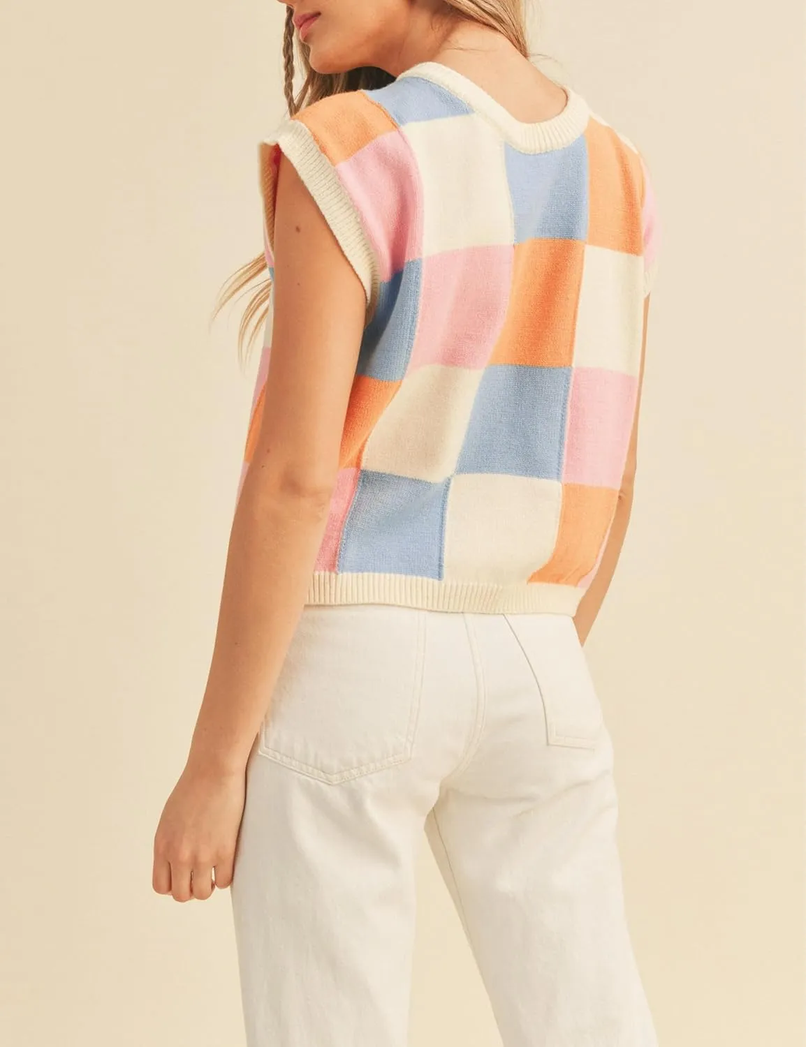 Esmeling Womens Crew Neck Cap Sleeve Sweater Vest Trendy Checkered Knitted Pullover Tank Tops