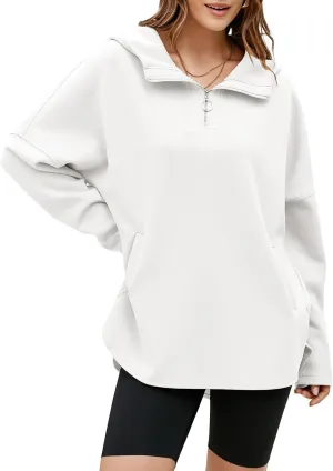 EVALESS Womens Zip Up Hoodies 2024 Trendy Fashin Casual Basic Oversized Sweatshirt Loose V Neck Long Sleeve Athletic Workout Pullover Fall Clothes,White Small
