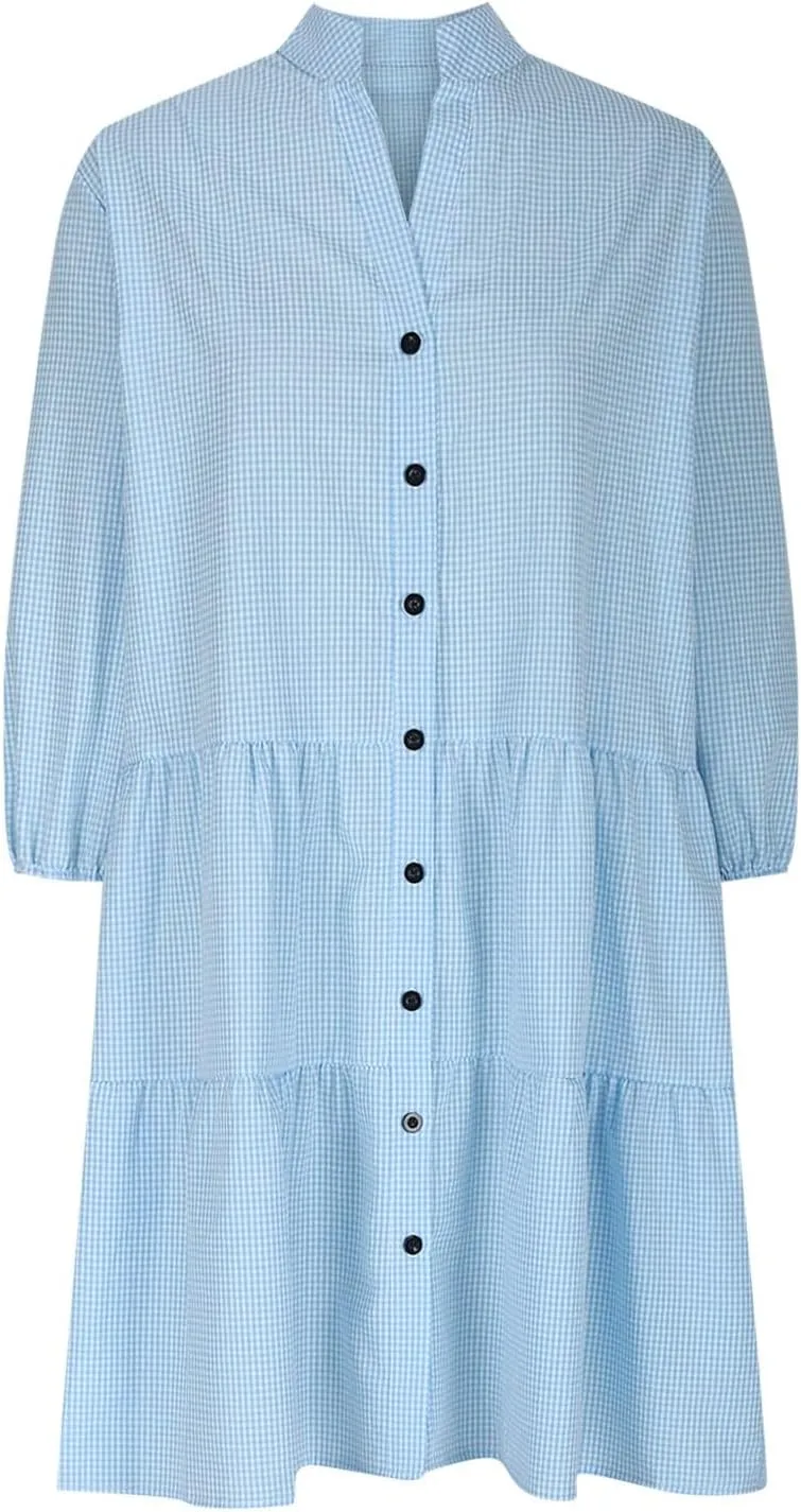 Fall Dresses for Women 2024 Trendy Loose Fit V-Neck Button Solid Color Dress Casual 3/4 Sleeve Plaid Dress Outfits