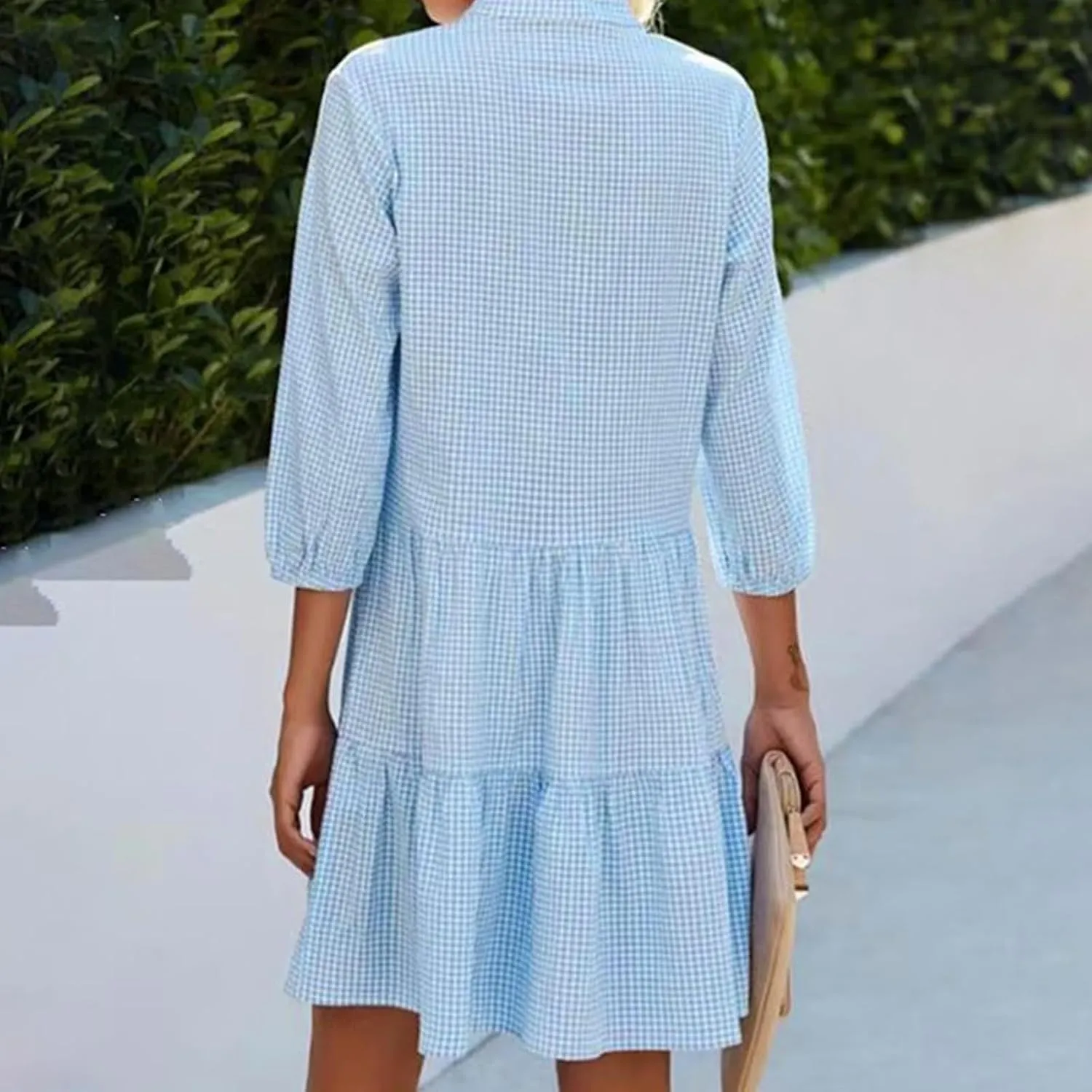Fall Dresses for Women 2024 Trendy Loose Fit V-Neck Button Solid Color Dress Casual 3/4 Sleeve Plaid Dress Outfits