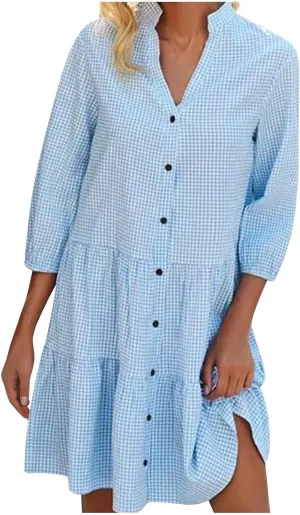 Fall Dresses for Women 2024 Trendy Loose Fit V-Neck Button Solid Color Dress Casual 3/4 Sleeve Plaid Dress Outfits