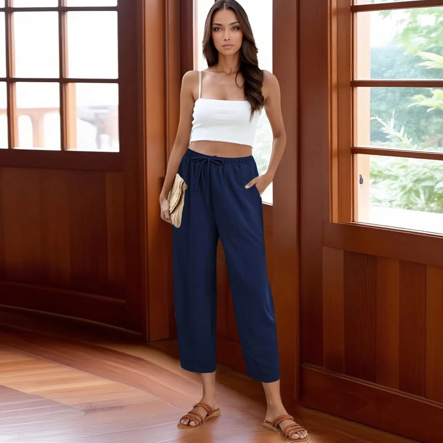 fanmpghleoo Linen Harem Pants Women with Pockets Drawstring Wide Leg Pirate Pants High Waisted Capri Joggers with Pockets