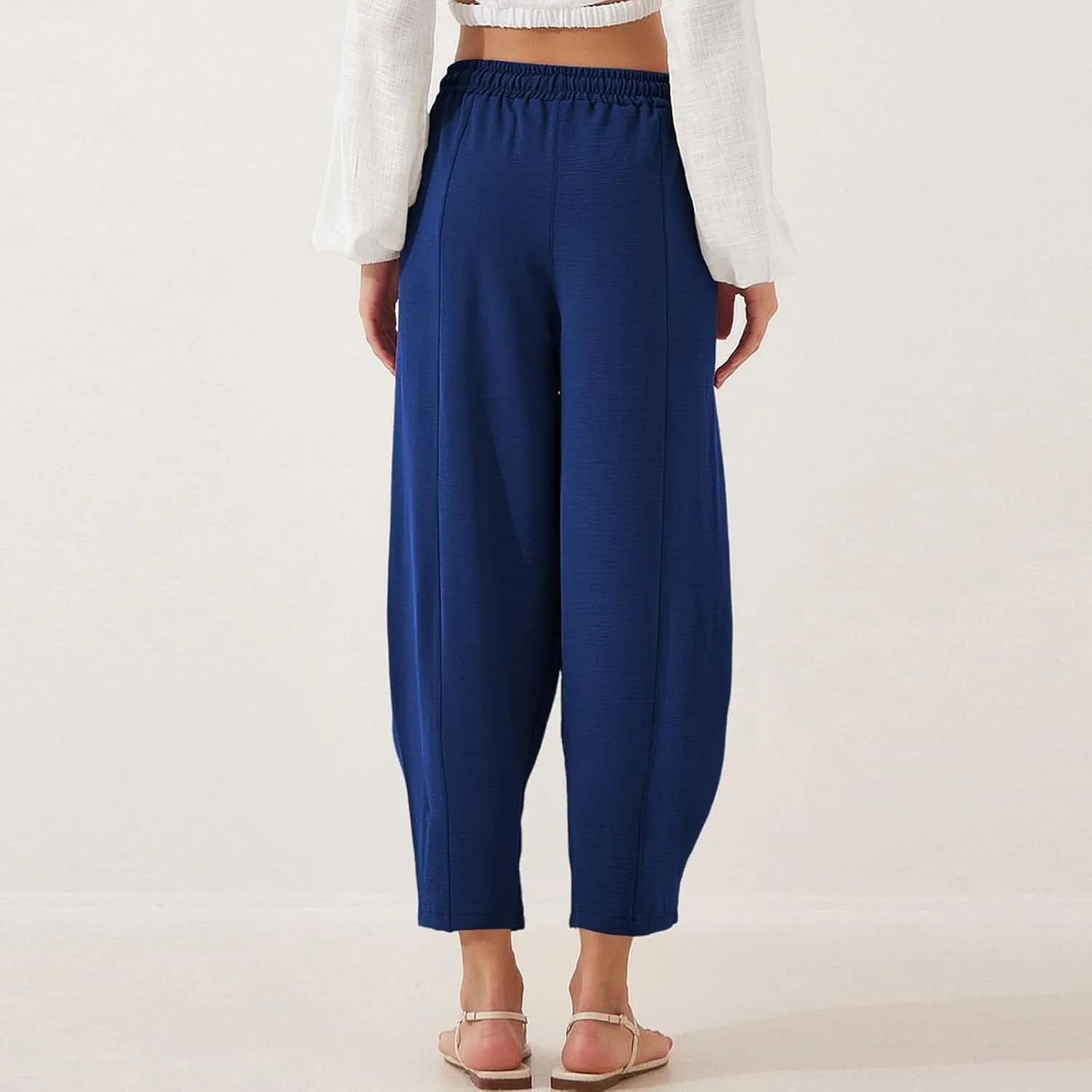 fanmpghleoo Linen Harem Pants Women with Pockets Drawstring Wide Leg Pirate Pants High Waisted Capri Joggers with Pockets