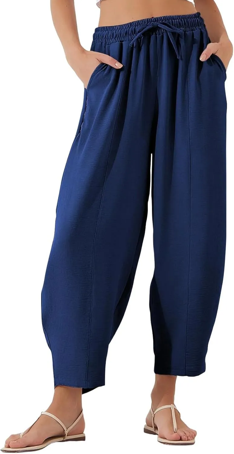 fanmpghleoo Linen Harem Pants Women with Pockets Drawstring Wide Leg Pirate Pants High Waisted Capri Joggers with Pockets