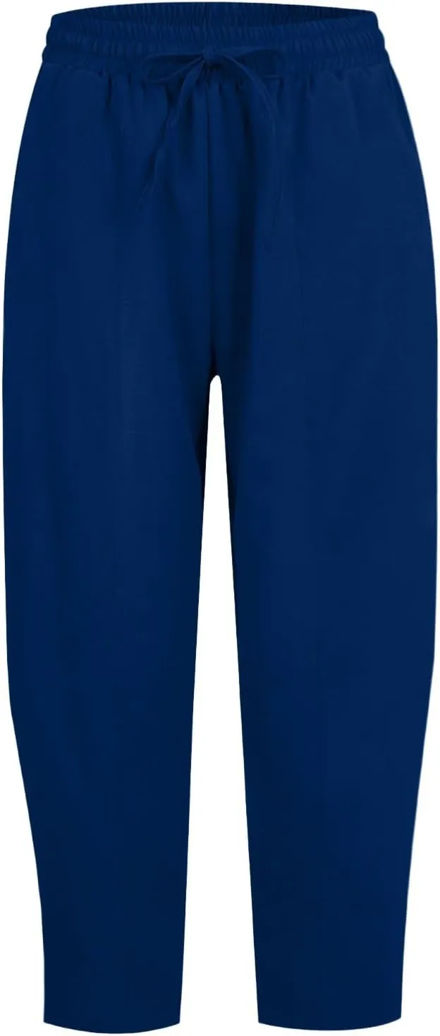 fanmpghleoo Linen Harem Pants Women with Pockets Drawstring Wide Leg Pirate Pants High Waisted Capri Joggers with Pockets