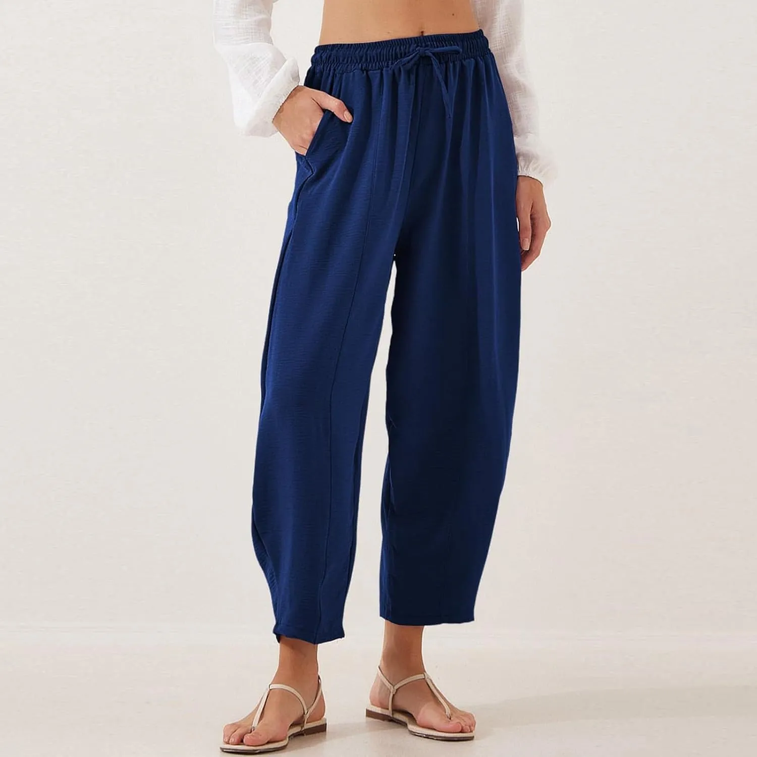fanmpghleoo Linen Harem Pants Women with Pockets Drawstring Wide Leg Pirate Pants High Waisted Capri Joggers with Pockets