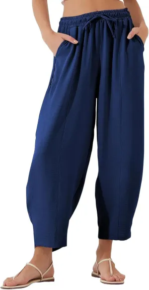 fanmpghleoo Linen Harem Pants Women with Pockets Drawstring Wide Leg Pirate Pants High Waisted Capri Joggers with Pockets