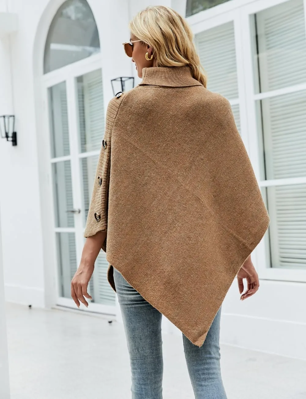 Ferand Women's Turtleneck Button Detail Poncho High Neck Asymmetrical Pullover Sweater for Fall Winter Outfits