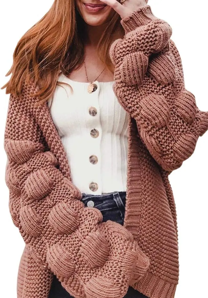 FERBIA Women Oversized Cardigan Knitted Cute Chunky Sweaters Wrap Long Fall Pom Pom Open Front Knit