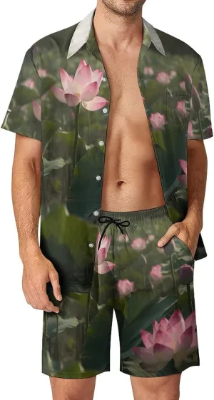 Flower in Water Images Mens Swimsuit 2 Pieces Set Quick Dry Shorts Shirts Summer Button Down Short Sleeve Set