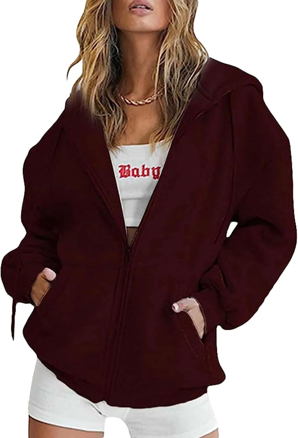 Franhais Womens Zip Up Oversized Hoodies Y2k Long Sleeve Drawstring Vintage Sweatshirts Aesthetic Pullover JacketStreetwear