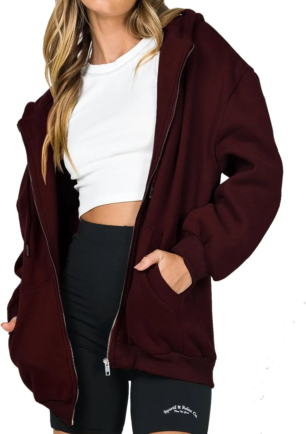 Franhais Womens Zip Up Oversized Hoodies Y2k Long Sleeve Drawstring Vintage Sweatshirts Aesthetic Pullover JacketStreetwear