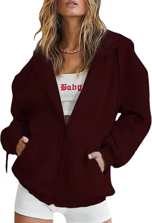 Franhais Womens Zip Up Oversized Hoodies Y2k Long Sleeve Drawstring Vintage Sweatshirts Aesthetic Pullover JacketStreetwear